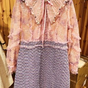 Gorgeous Pink Lace and Purple Tweed Dress